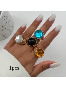 Vintage Style Multi-Color Round Gemstone Statement Rings, Gold Tone Chunky Dome Rings, Non-Tarnish Stackable Jewelry for Daily Wear & Party Occasions