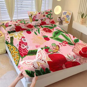 Tropical Floral Butterfly Fitted Sheet Set, 1 Fitted Sheet & 2 Pillowcases, Red Flower White Butterfly Green Leaves Vibrant Colors, Soft Skin-Friendly Slip-Resistant, Spring Vitality & Romantic Bedroom Decor, Decorative Bedsheet Sets