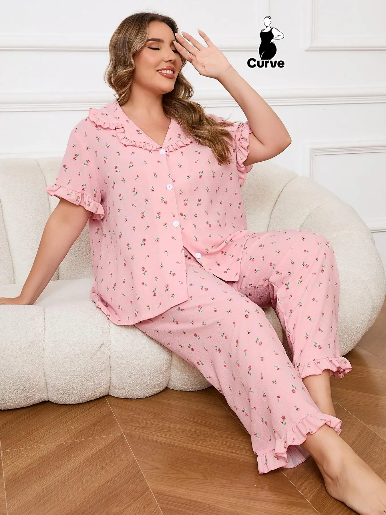 【Plus Size】 Floral Print Top & Pants Pyjama, Casual Comfy Short Sleeve Top & Trousers Pj Set, Women's Sleepwear for All Seasons, Loungewear, Relaxed Fit Sleepwear