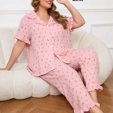 [Plus Size] Floral Print Top & Pants Pyjama, Casual Comfy Short Sleeve Top & Trousers Pj Set, Women's Home Sleepwear for All Seasons, Loungewear, Relaxed Fit Sleepwear