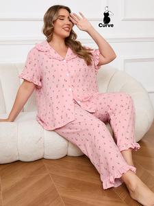 【plus size】 floral print top & pants pyjama, casual comfy short sleeve top & trousers pj set, women's sleepwear for all seasons, loungewear, womenswear, pajama set