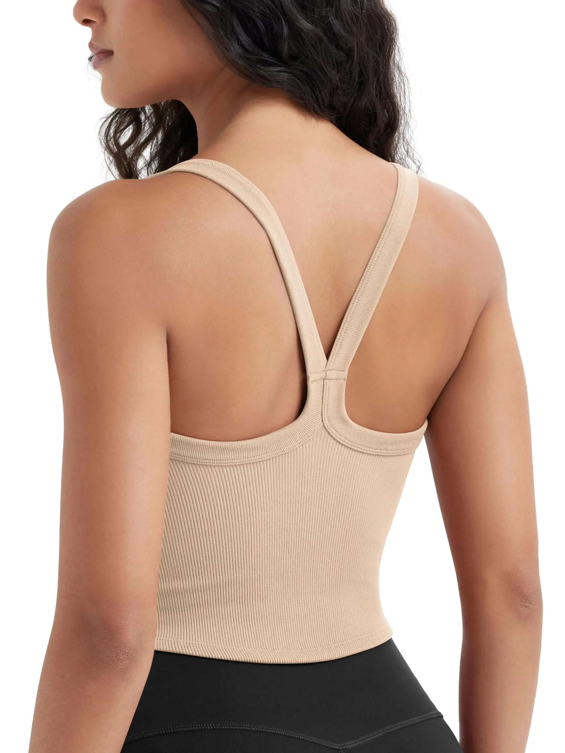 ODODOS Women's Seamless Ribbed Sleeveless Crop Cami - Wide Scoop Neck, Open Racerback, Light Basic Casual Top, Tops, Minimalist, Short, Tank Tops, 4-Way Stretch