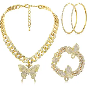 3 count Butterfly Cuban  Set Cuban Link Chain Necklace for Women Rhinestone Butterfly Pendant Necklace Rhinestone Bracelet Large Hoop Earrings Bling Earrings