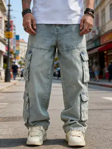 Stylish Men Streetwear Multiple pockets Vintage Baggy Carpenter Pants Male Cargo Jeans Solid color Loose Straight Denim Trousers Classic Menswear
