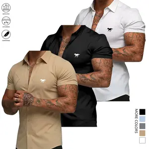Men's slim-fit short-sleeved shirt - Lightweight summer shirt with single-button flap design, simple style, suitable for business casual and daily outings | Durable, easy to care for, classic collar, office attire, modern style, easy-care material