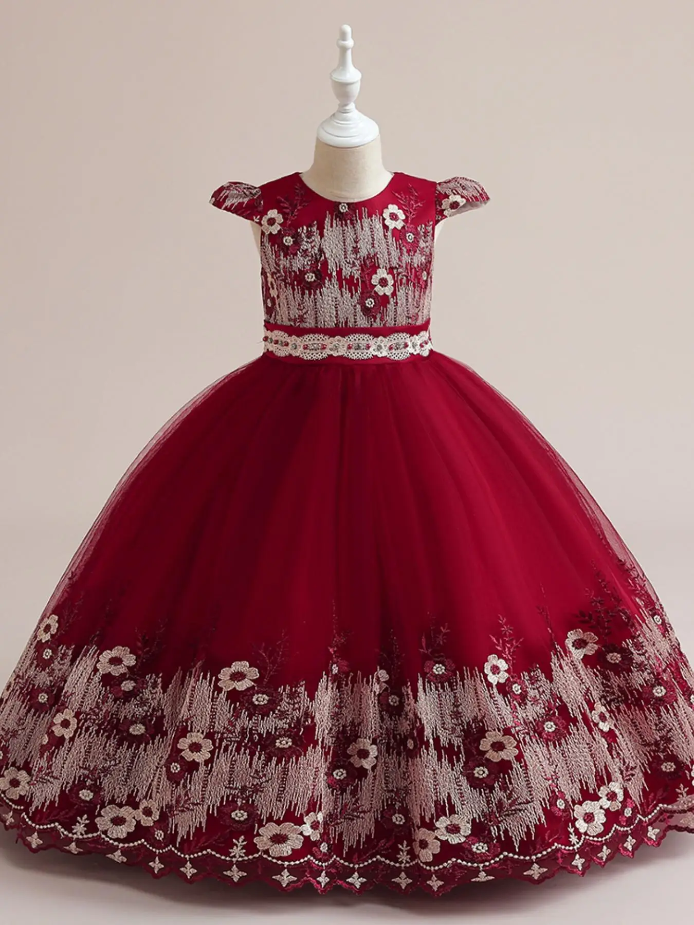 Toddler Girl's Floral Embroidery Dress, Elegant Cap Sleeve Round Neck Dress for Party Wedding Guest, Kids Clothes for All Seasons