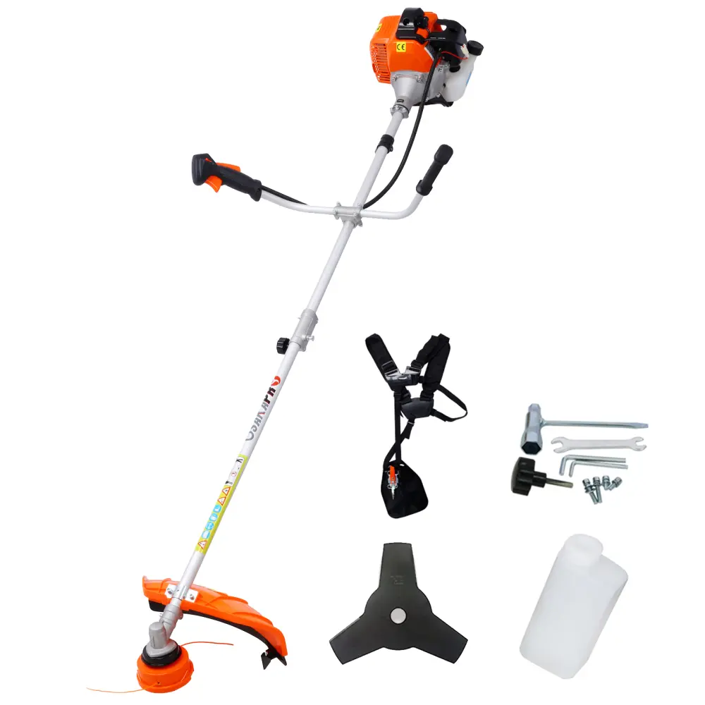 52cc Full Crank 2-Cycle 2-in-1 Gas-Powered Grass Trimmer & Brush Cutter (1e44f) - 1.7 HP, Combines 18" String Trimmer and 10" Brush Cutter, Full Crank Design for Enhanced Durability and Efficiency, Rubber Handle, Shoulder Strap Included