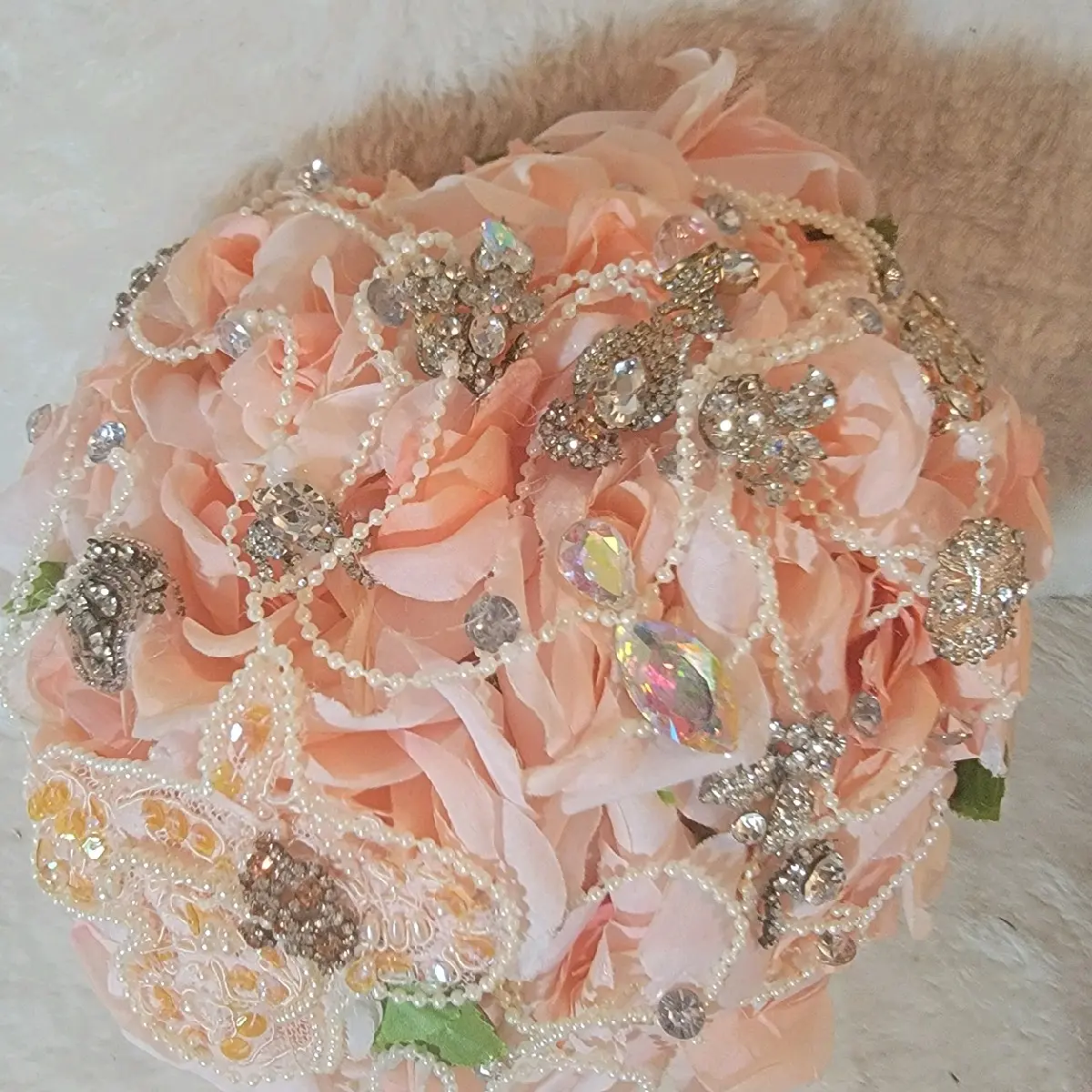Peach Rhinestone Wedding Bouquet, Wedding