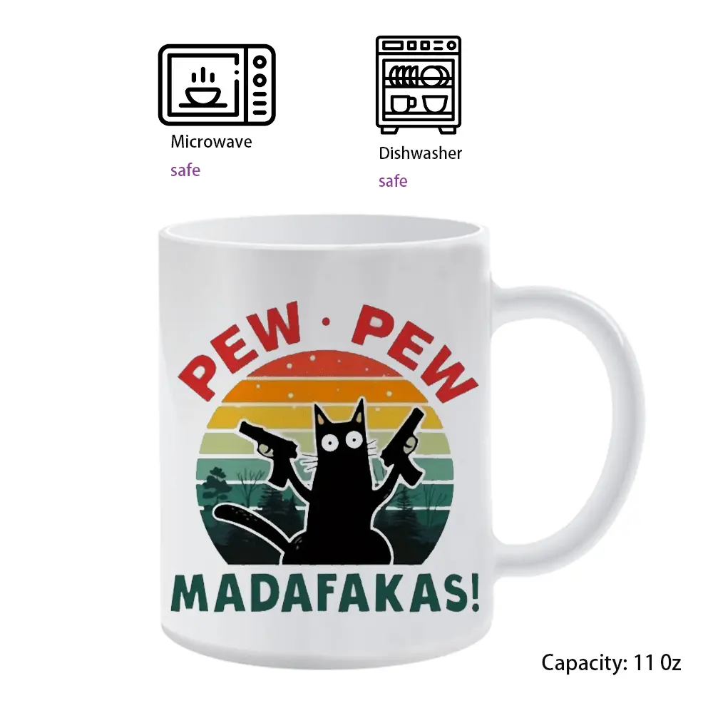 1pc WhiskerWit Ceramic Coffee Mug - Cartoon Cat Design, "Pew Pew Madafakas" Humor Print, Washable Durable Drinkware, Ideal Gift for Home-Office Hot/Cold Beverages, Office Desk