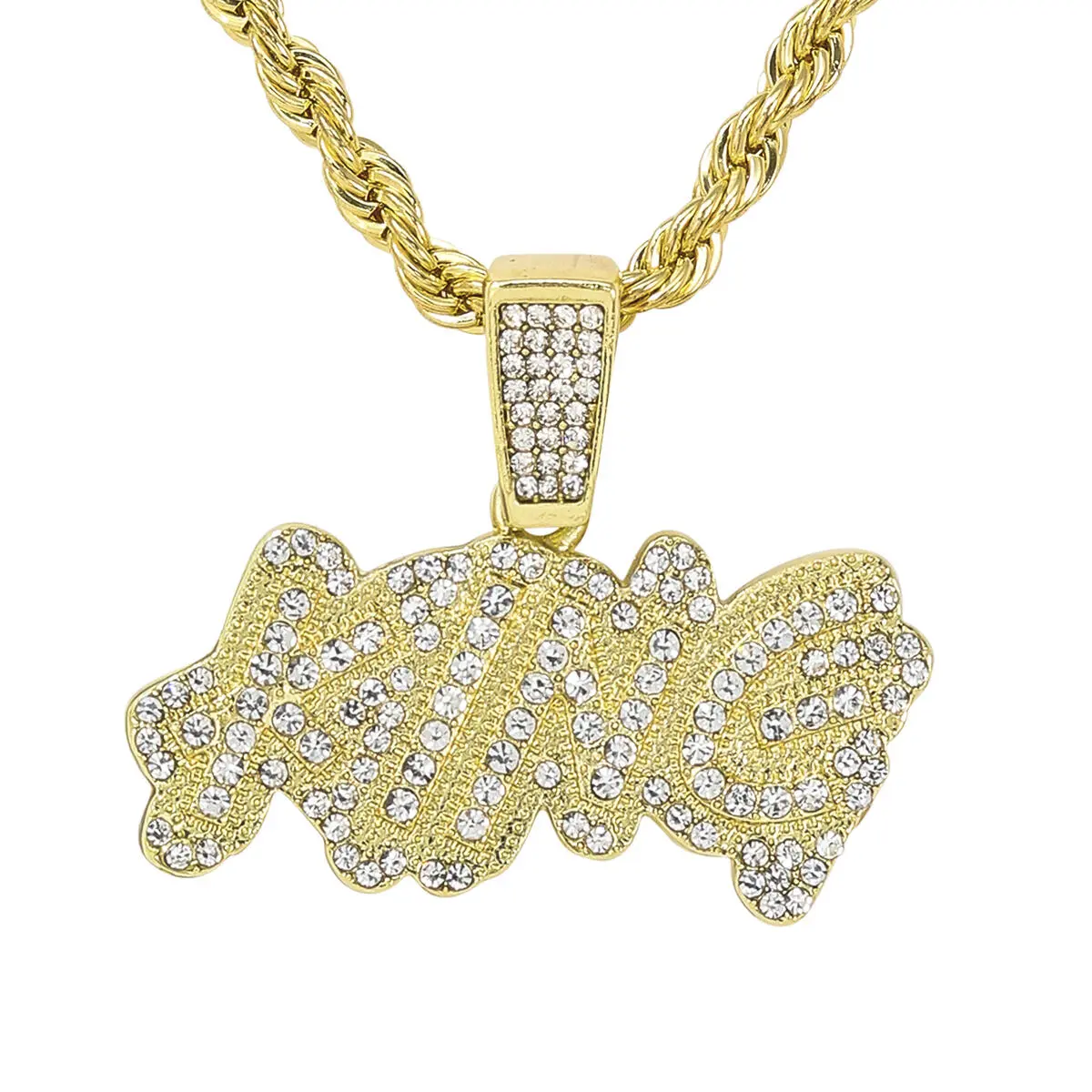 Men's "KING" Pendant Necklace, 24-Inch Plated Alloy Rope Chain with Simulated Stones, Bold Statement Jewelry for Casual & Special Occasions, Alloy Plating
