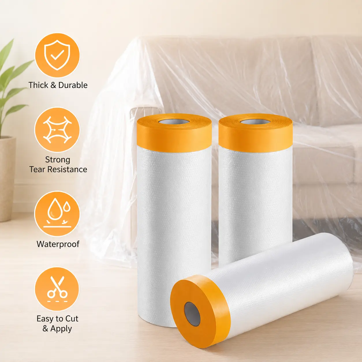 1-Count Pre-Taped Thick PE Furniture Dust Cover Film - Tear-Resistant, Cuttable, Reusable Slide Sheet for Home Furniture Dust Protection