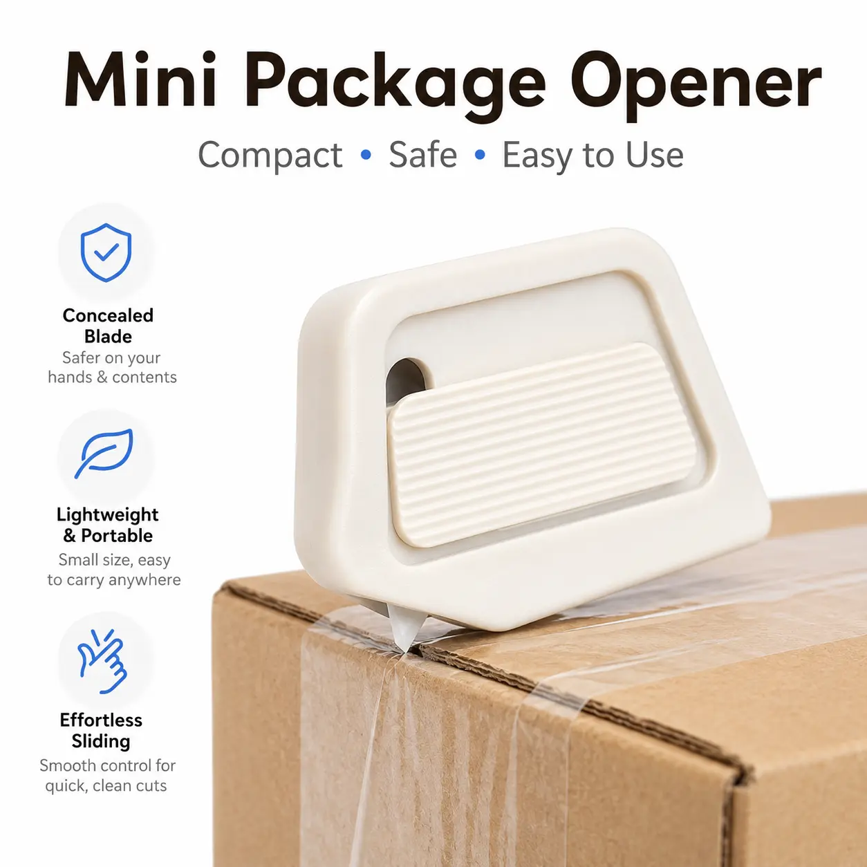 Mini Package Opener Box Cutter, Compact Safety Cutter with Hidden Blade, Easy Slide Utility Knife for Cardboard Boxes, Mailers, Envelopes & Daily Packages