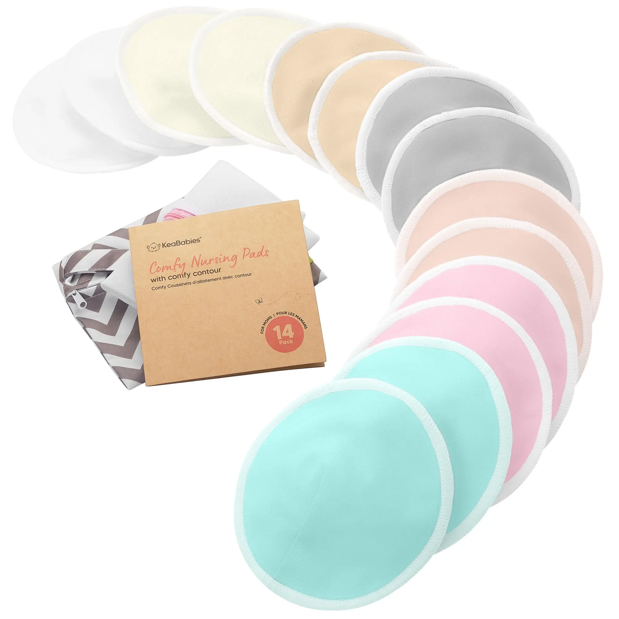 Organic Nursing Pads - 14 Washable Breast Pads for Breastfeeding, Wash Bag, Viscose Derived from Bamboo Reusable Nipple Covers for Breastfeeding Essentials, Soft & Absorbent (Pastel Touch)