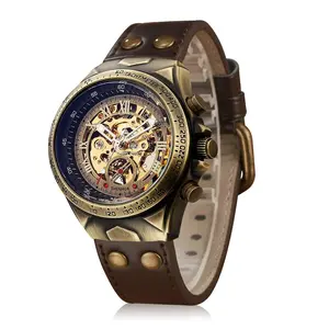 Luxury Men's Automatic Mechanical Watch Retro Roman Numeral Dial Leather Strap