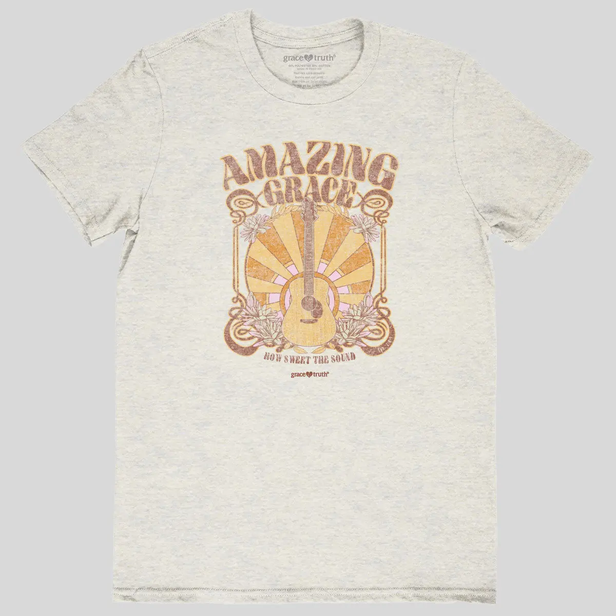 Women's Casual Christian Short-Sleeve Ringspun Cotton Top - Soft, Lightweight, Retro "Amazing Grace" Guitar Graphic, Seamless Ribbed Round Neck Tee, Tops, Shirt, Casual Wear, Guitar Print, Double-Needle Cover-Stitching