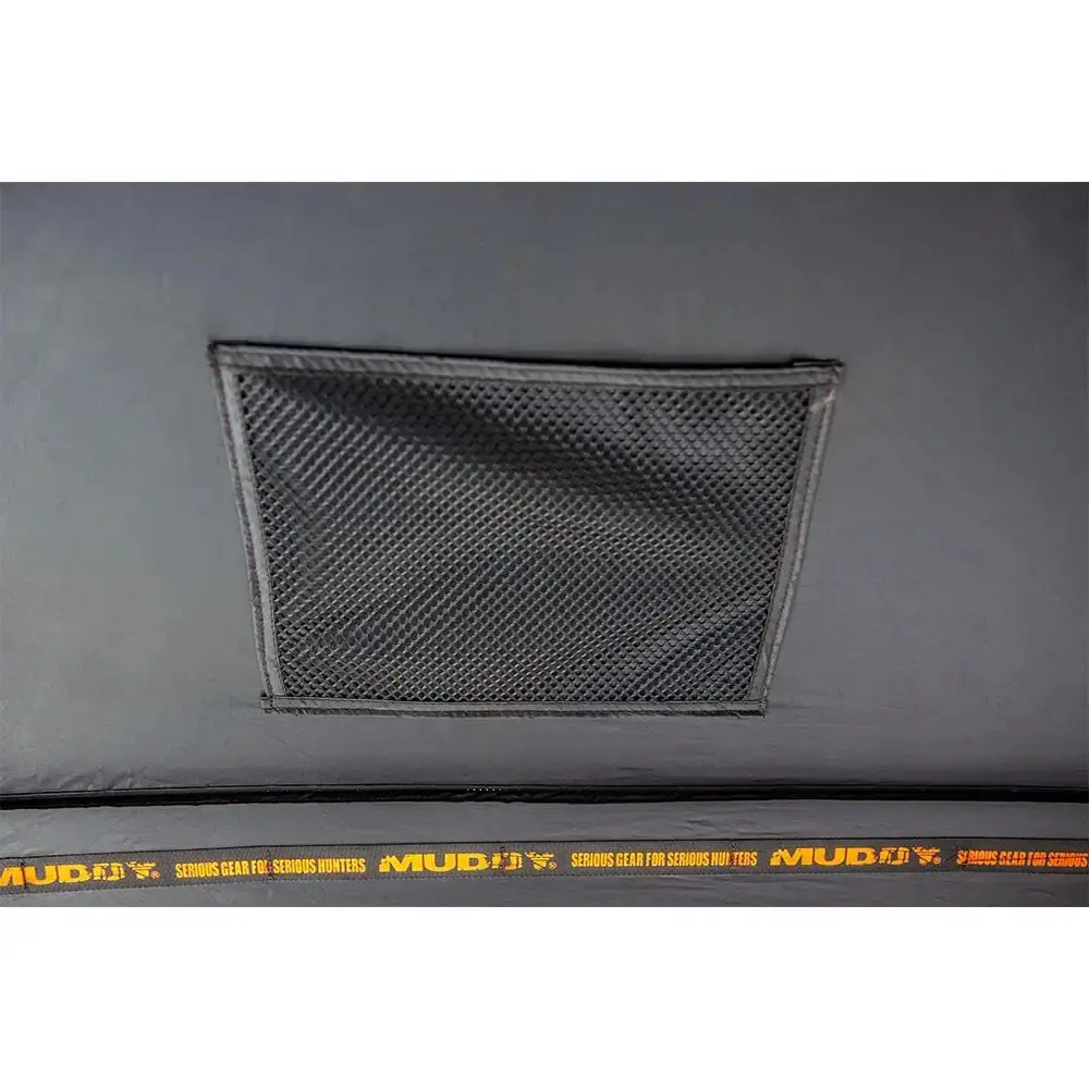 Muddy Infinity Evo Ground Blind - Mossy Oak Bottomland, 1 Interior Large Mesh Storage Pocket, 150d Black Backed Fabric, 180 Degree Panoramic Windows, 2 Peek Windows, 2 Upper Ozone Loft Pockets