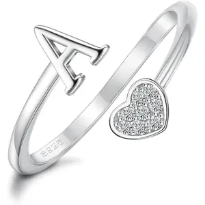 Fansilver Heart Initial Rings for Women s Initial Heart Stackable Rings Adjustable Initial Rings for Teen s Cute Heart Alphabet Letter Rings Valentine's Day Jewelry Gifts