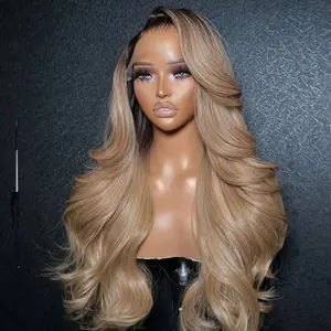 200 Density 13x6 Lace Frontal Dark Brown Roots Ash Blonde Wig High Density Lace Front Ombre 4/Ash 27 Transparent Lace Front Human Hair Body Wave Wigs
