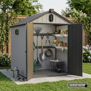 Outdoor Storage Shed 6x8 FT Waterproof Resin Garden Shed for Backyard Tool Storage Large Plastic Utility Shed Heavy Duty Weatherproof Exterior Organization Solution Easy Assembly Modern Gray Design Home Improvement Living