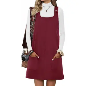 Danedvi Womens Corduroy Overall Dress Square Neck A Line Jumper Mini Dresses Casual Sleeveless Rompers with Pockets