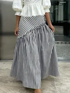 Fashion Loose A-Line Striped Patchwork Pleated Skirt, Versatile Half-Length Dress, Comfortable and Stylish, Perfect for All Seasons, Maxi