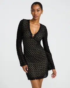 Express Crochet V-Neck Long Sleeve Gold Hardware Mini Sheath Dress