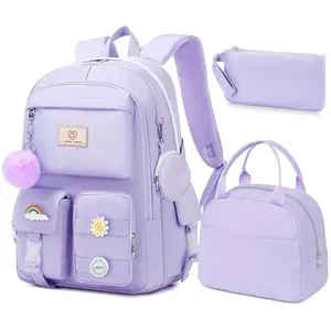School Backpack For Girls - 6pcs Cute Girls Backpack With Lunch Box Set For Teens Women College Middle High School - 18″ School Bookbag Travel Back Pack