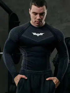 Spring American Retro Batman Casual Fashion Breathable Elastic Long Sleeve T-Shirt, Men's Loose Fit Daily Wear Top