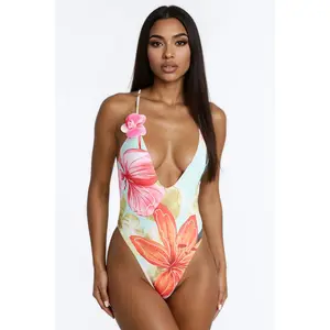 Anahi Floral 3D V-Neck 1 Piece Swimsuit - Teal/combo