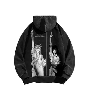 Asa Mitaka, a character from the manga *Chainsaw Man*, alongside the iconic Statue of Liberty design—Long Sleeve Cotton Unisex Vintage Hoodie