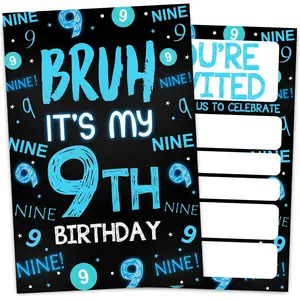 9th Birthday Invitation Card for Boys Girls, Neon 9 Year Old Birthday Party Invites, 30 Cards & 30 Envelopes, 4x6 Inches, Double-Sided