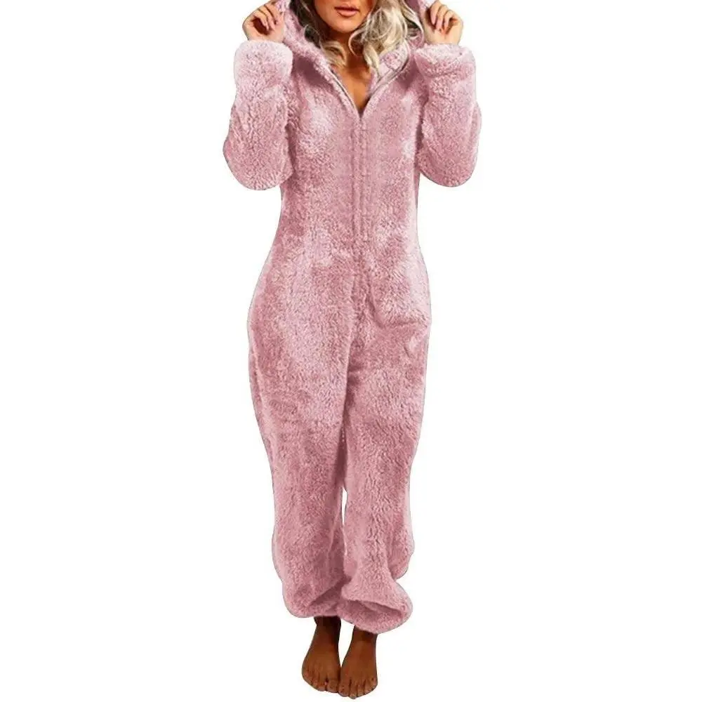 Womens Fleece Onesies Pajamas Jumpsuit Warm Sherpa Romper Sleepwear One Piece Zipper Hooded Playsuit Loungewear