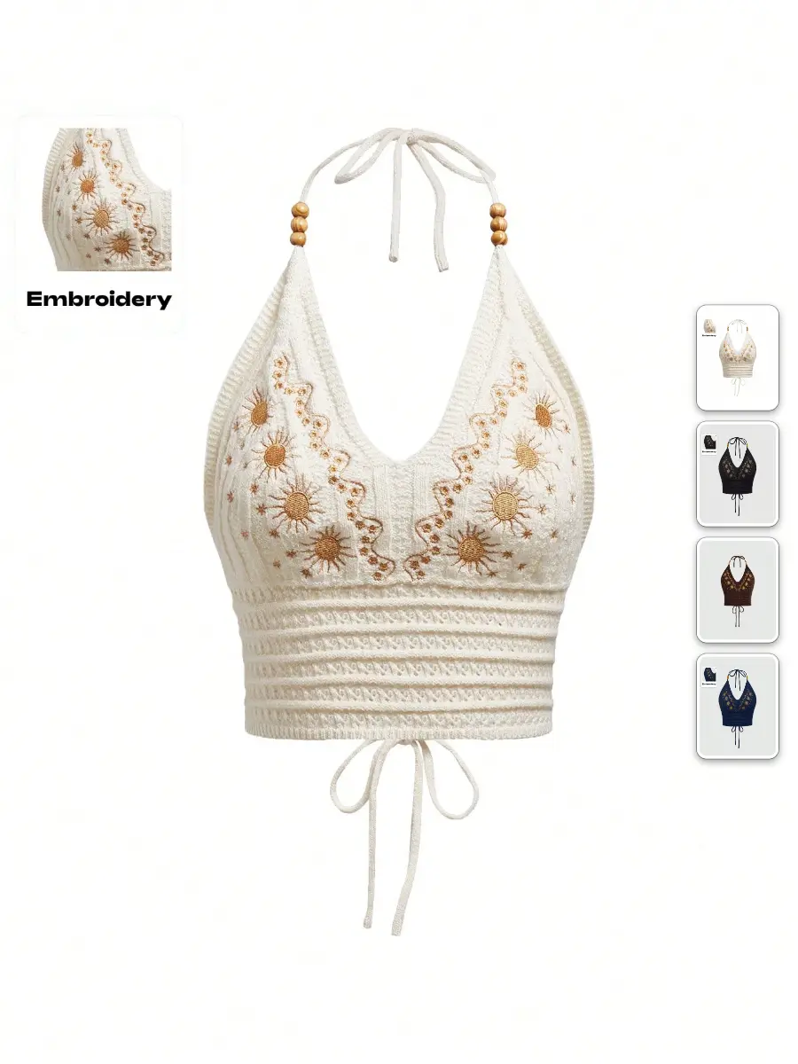 Crochet Top Backless Halter Embroidered Summer Beach Vacation