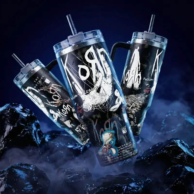 K0rn Collection 40OZ  Tumbler With Handle & Straw, Stainless Steel Travel Mug For Nu-Metal Fans Metalheads Dark Aesthetic Merch Gift