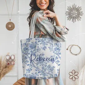 Custom Name Blue French Toile Tote Bag - 100% Polyester, Personalized Name Option, Floral Print, Ideal for Bachelorette Gifts & Everyday Use