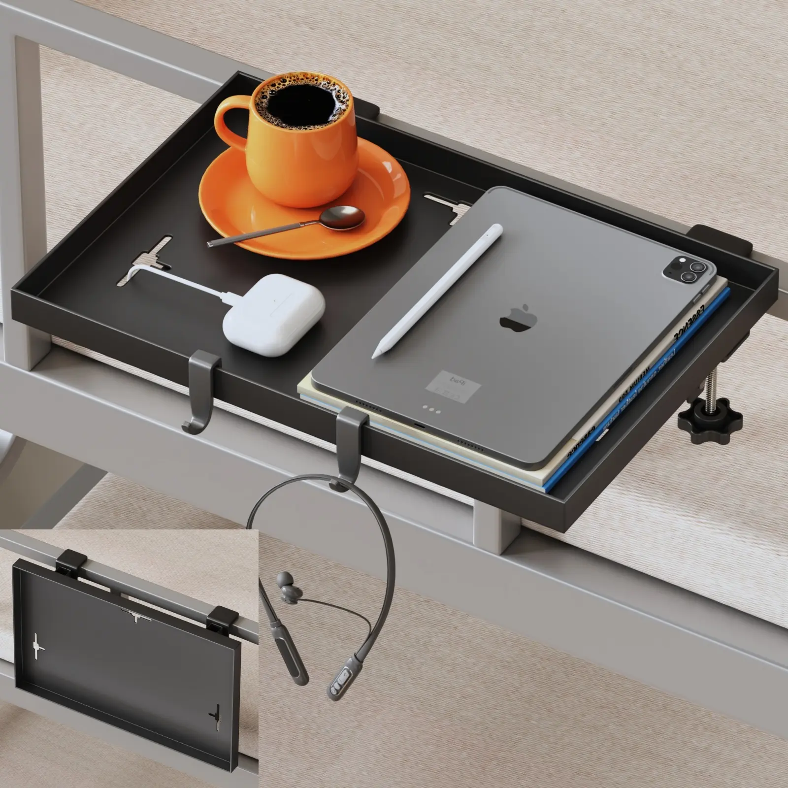 100% Carbon Steel Clip-On Foldable Bedside Shelf Organiser - No Drill Hanging Installation, Cable Holes, Detachable Hooks - Bedside Storage for Dorm Rooms, Bunk Beds, College Students Home Space-Saving Holder