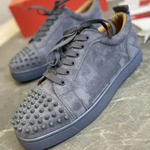 Grey Velvet Upper with Red Sole Letter Rivets Low Cut Fashionable Casual Comfortable Luxurious Sports Shoes for Men