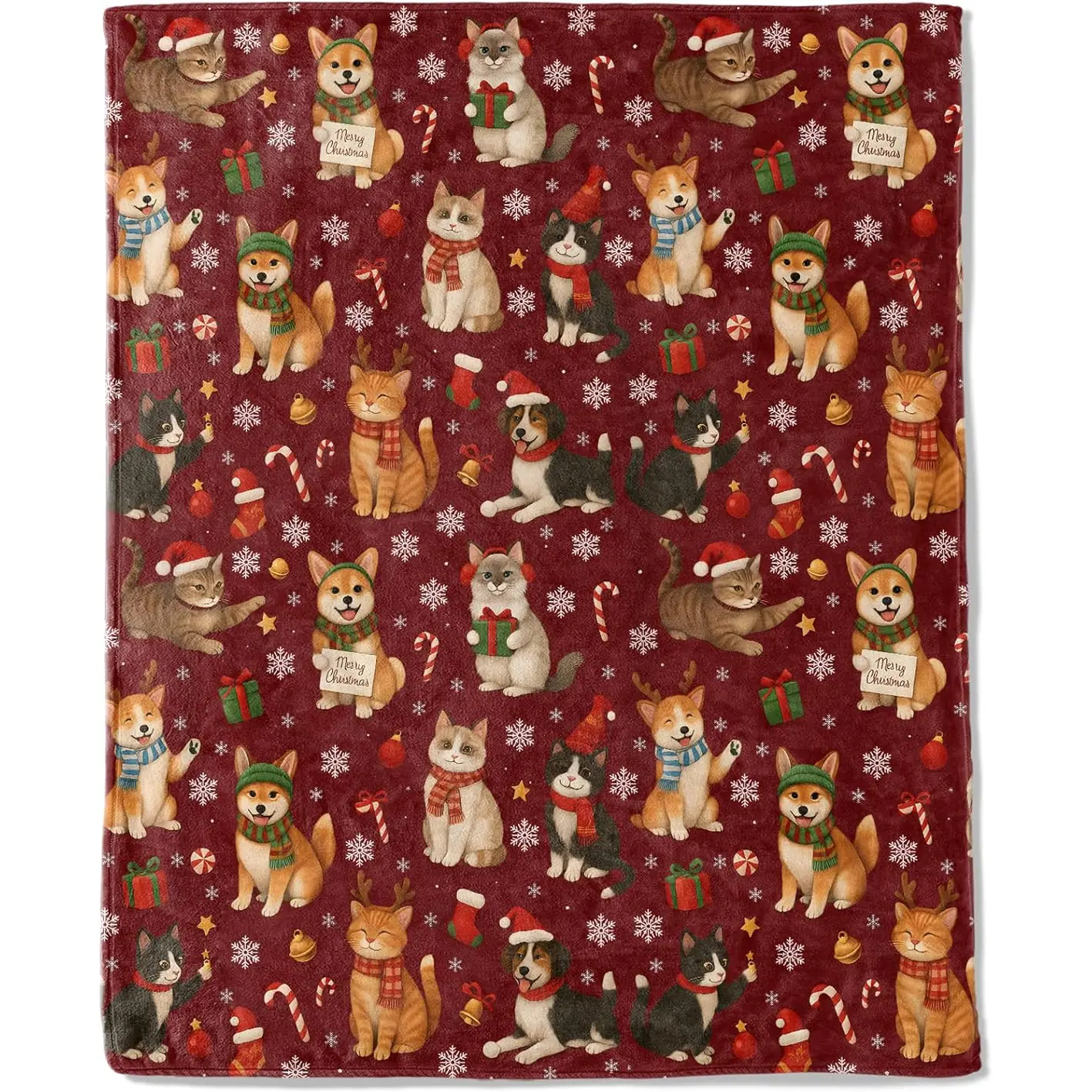 1pc Christmas decorative blankets for cats and dogs, blankets with pet snowflake and cane patterns, soft flannel winter sofa blankets, holiday home decorations, Christmas gift blankets.
