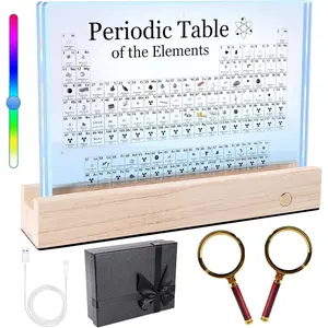 Periodic Table with Real  Inside, Large  Periodic Table with Cordless LED Wooden Stand and Magnifier, Chemistry Gifts for Students, , Teacher and Science Lovers
