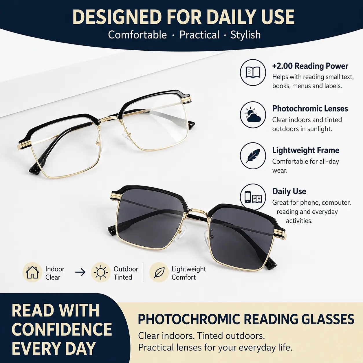 Photochromic Reading Glasses , Lightweight Readers for Books, Phone and Computer High Quality Eyewear Clear Daily Transition Eyeglasses