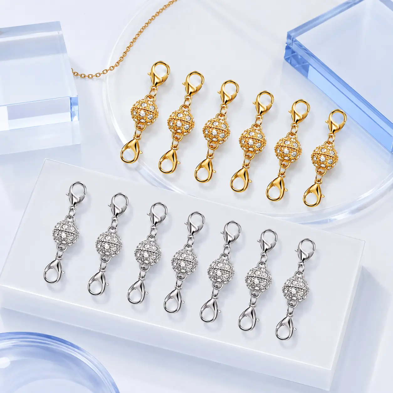 12 Pack Strong Magnetic Necklace Clasps - Gold & Silver Plated Stainless Steel, Jewelry Extender with Charm for Easy Wear