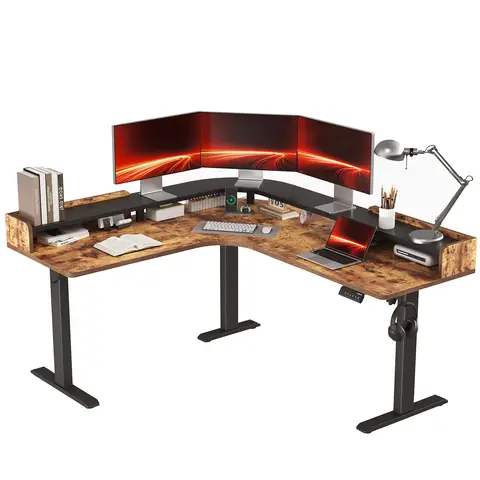 Sturdy 62.9x55.1" Electric Height-Adjustable L-Shaped Corner Standing Gaming Desk - Steel Wood, 28.3"-45.7" Height, Monitor Shelf, Splice Board, Side Hooks (176lb Capacity) for Home Office, Desk for Bedroom (Rustic Brown, White, Black, Light Rustic Brown)