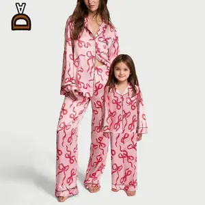 Matching Mommy & Me Pajama Set with Bow Print, Long-Sleeve Lapel Top with Pocket and Pants, Family Sleepwear