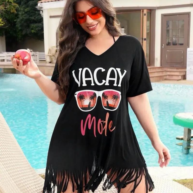 Vacay Mode Black T-Shirt with Fringe Details and Palm Tree Design for Ladies, Girls, women.