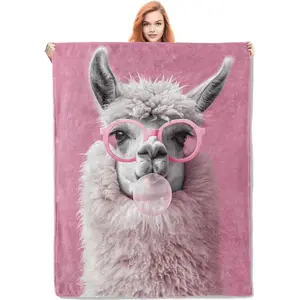 Pink Llama with Glasses Blanket Gifts for Women, Llama Flannel Blanket, Soft Warm Lightweight Throw Blankets for Bed Couch Home Travel Llama Decor