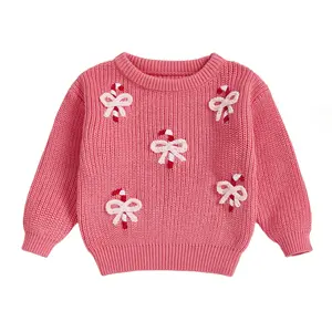 Toddler Girls Christmas Sweaters Long Sleeve Candy Cane Bow Embroidery Cable Knit Pullover Tops Infant Fall Outfit