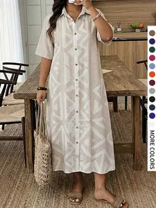Plus Size Women's Shirt Geometric Print Dress, Casual Drop Shoulder Mid Sleeve Button Front Design, Loose Comfortable Fit, Spring Summer Daily Wear, Casual Everyday Dress, Casual Wear Clothes
