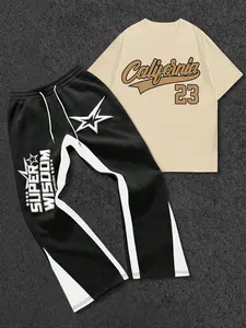 This men's two-piece set includes a Graphic T-shirt with letters and numbers and trousers with letters and stars, made of knitted fabric, suitable for everyday wear and all seasons.