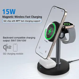 Magnetic Qi2 3-in-1 Wireless Charging Station 15W Fast Charger Magnetic Charger Dock for iPhone 16 15 14 13 12 Pro Max, Compatible with Apple Watch SE Ultra and AirPods, Simple Heat Dissipation Design, Perfect Gift