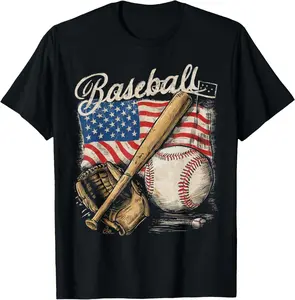 100% Cotton Top American Flag Baseball Player Bat Fan Catcher Pitcher USA T-Shirt